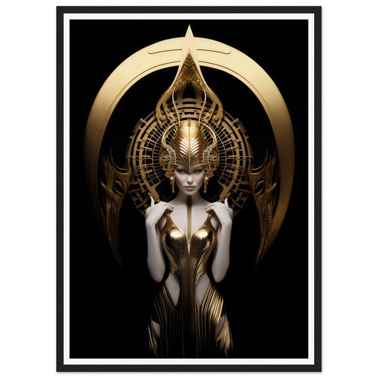 Ornate golden figure with an elaborate headdress and intricate metallic bodysuit against a dark background.