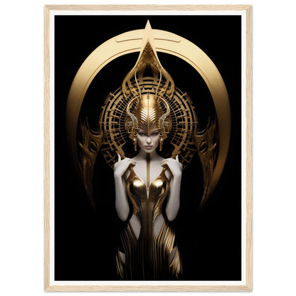 A golden, ornate figure with an elaborate headdress and intricate metallic bodysuit against a dark background.