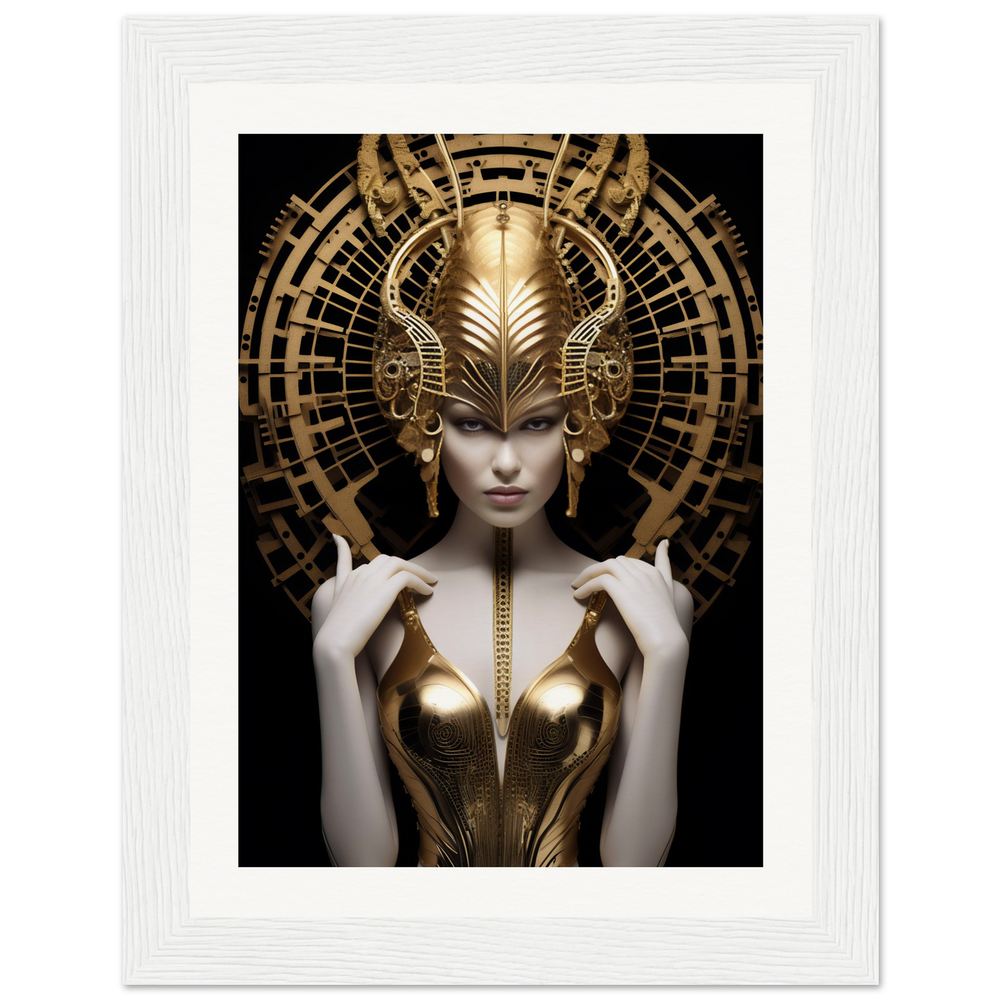 Ornate golden headdress and bodice adorning a pale figure against a dark background.