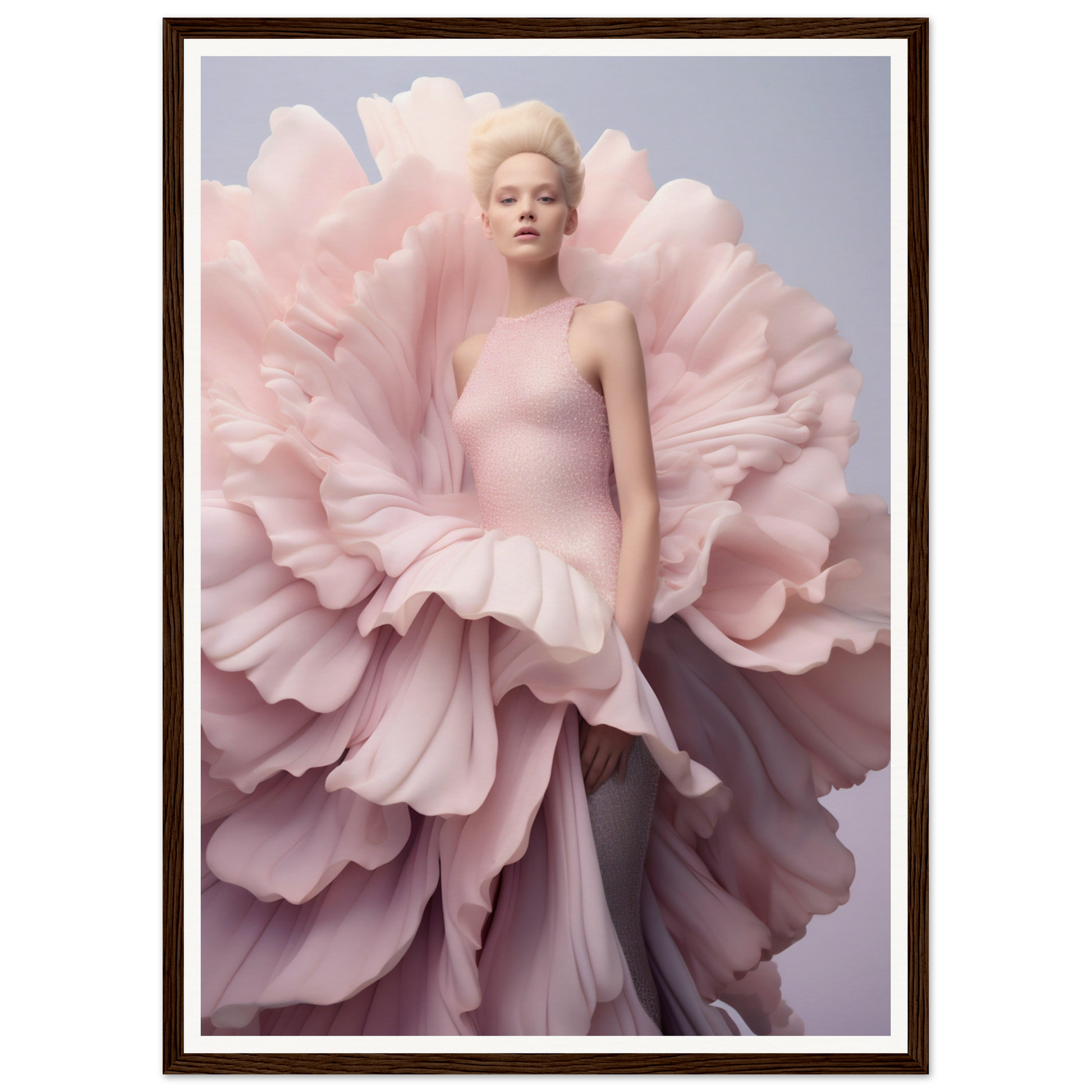 Woman wearing an extravagant pink gown resembling a blooming flower.