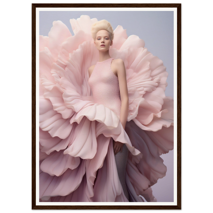 Woman wearing an extravagant pink gown resembling a blooming flower.