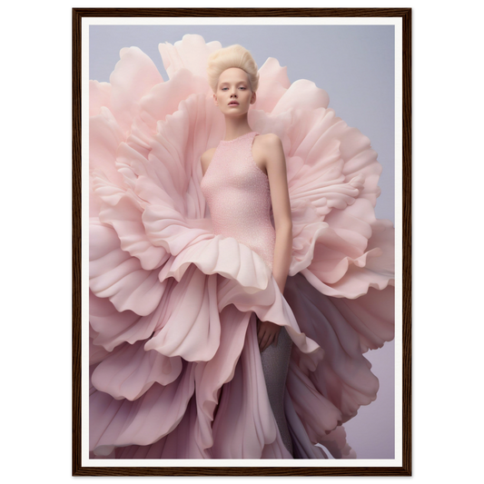 Woman wearing an extravagant pink gown resembling a blooming flower.