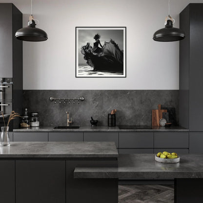 Modern dark gray kitchen featuring Sea Elegance Ascends museum-quality framed art