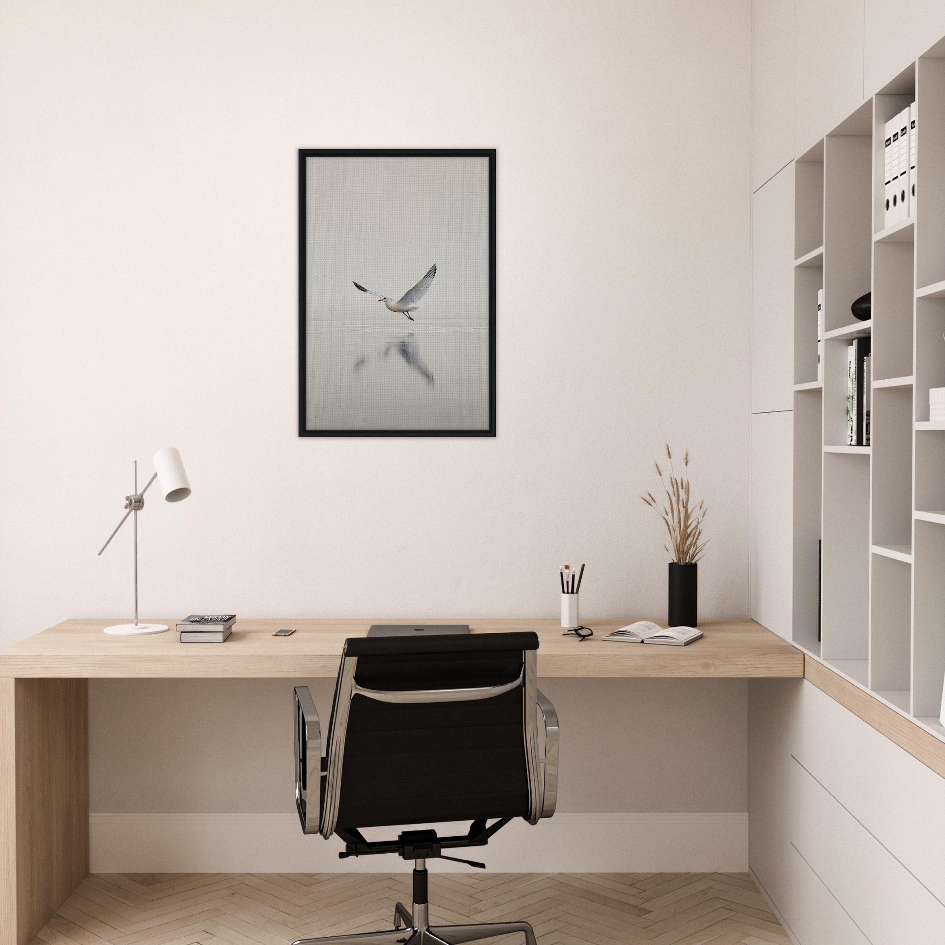 Minimalist home office workspace featuring a wooden desk and black chair, Seagull Mist Serenade