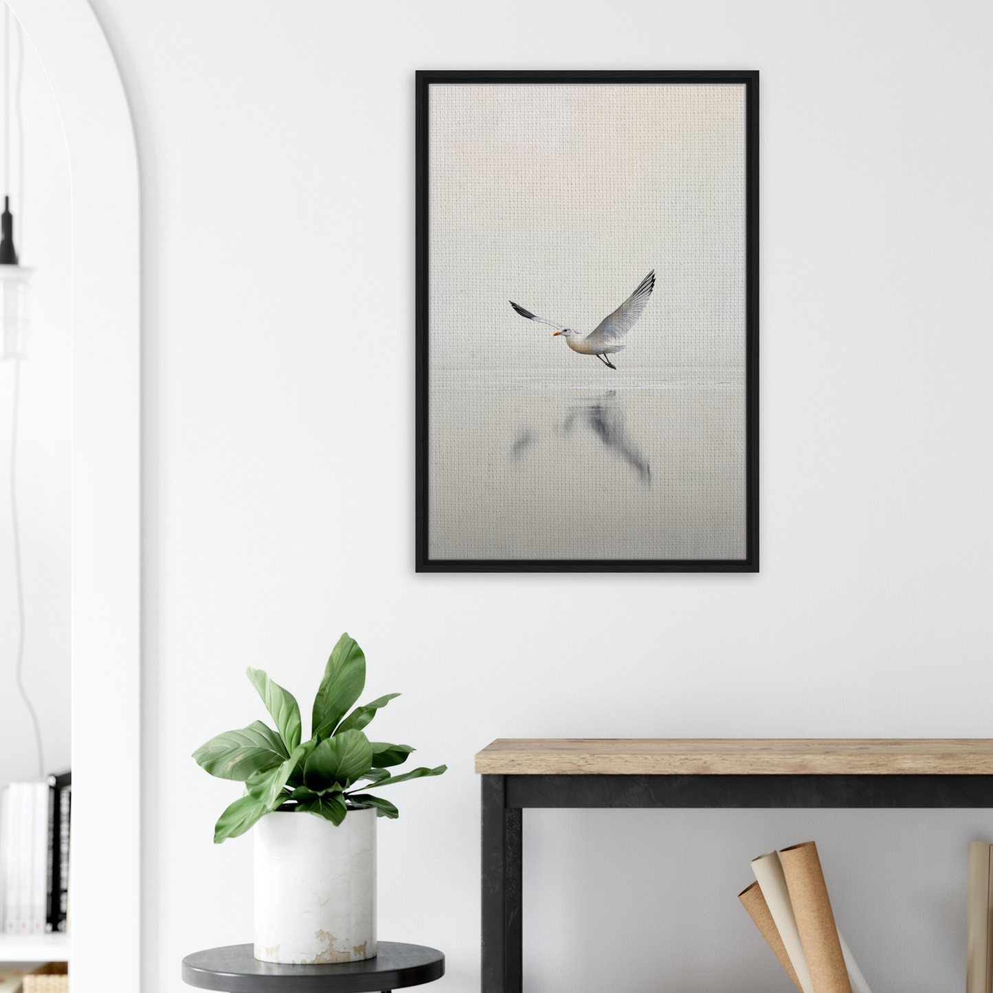 Framed black and white photograph of a seagull in flight from Seagull Mist Serenade