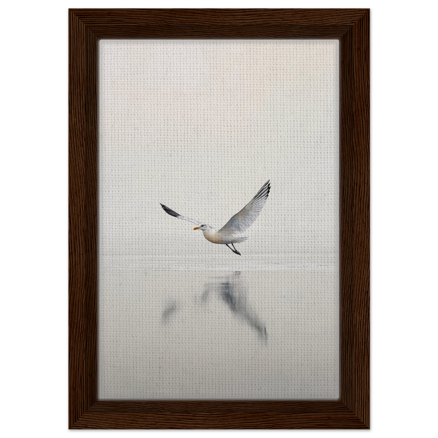 Seagull in flight with reflection, featured in Seagull Mist Serenade framed canvas print