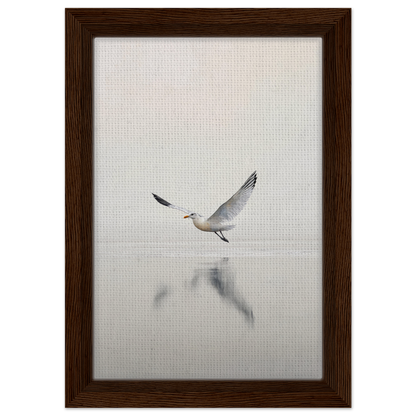 Seagull in flight with reflection, featured in Seagull Mist Serenade framed canvas print