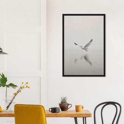 Framed black and white photograph of a seagull flying over water, Seagull Mist Serenade