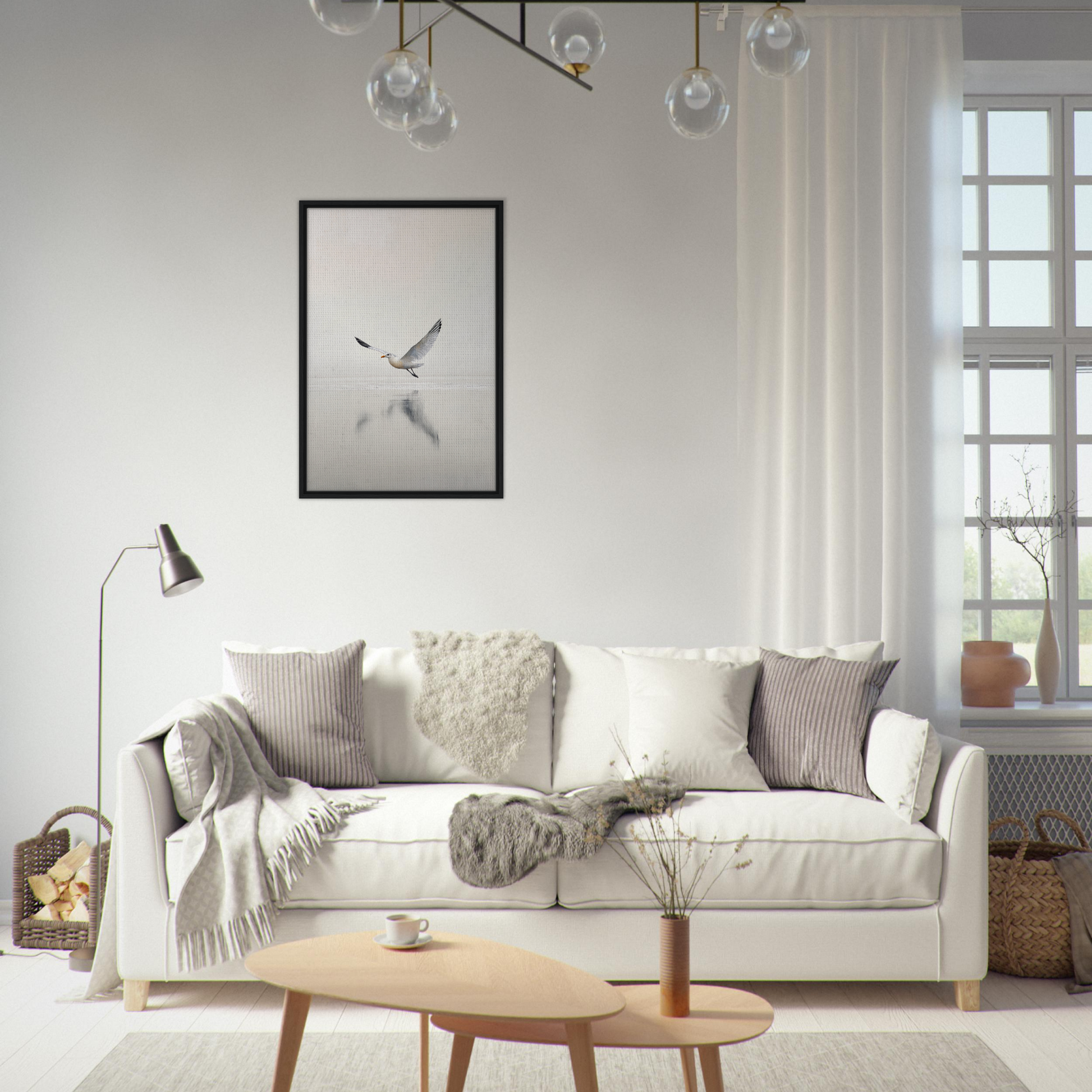 Elegant White Sofa with Throw Pillows and Blankets in Seagull Mist Serenade Room Decor