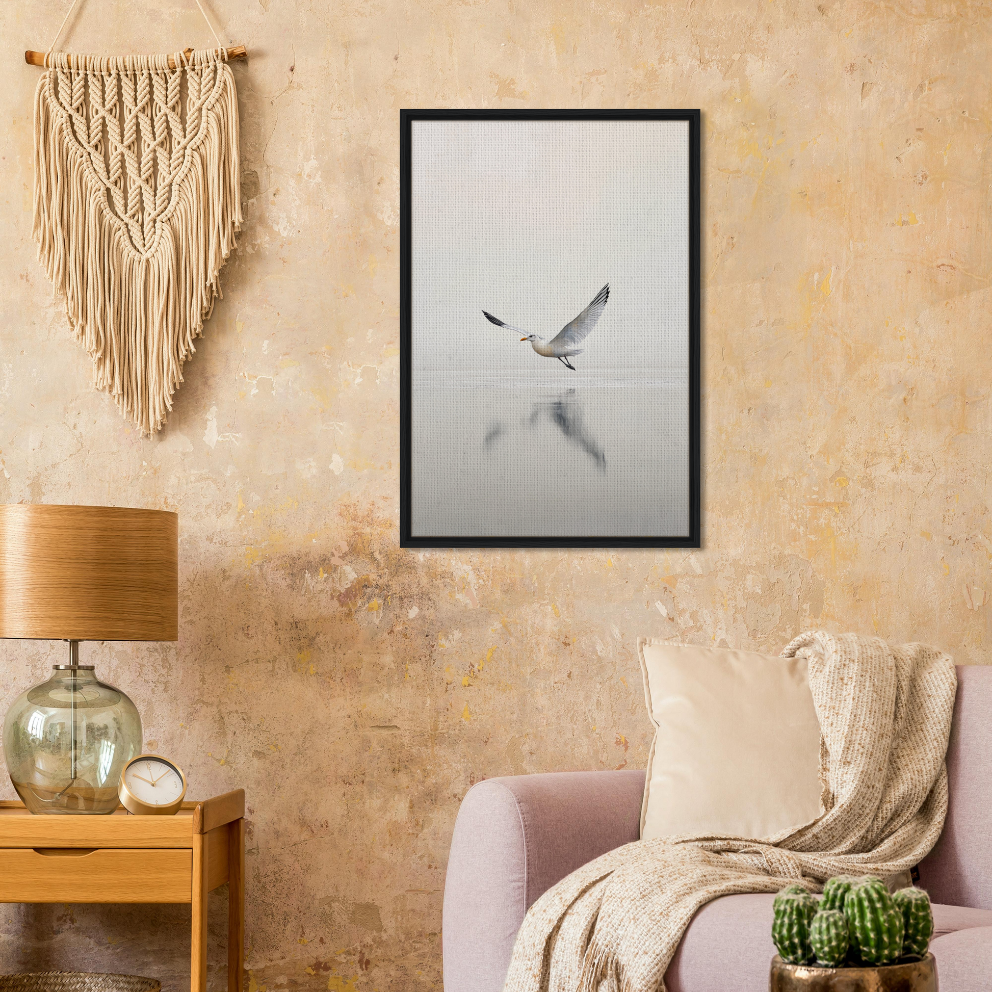 Framed black and white photograph of a bird over water for Seagull Mist Serenade room decor