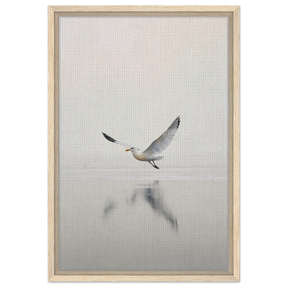 Seagull in flight reflected in water, featured in Seagull Mist Serenade framed canvas print