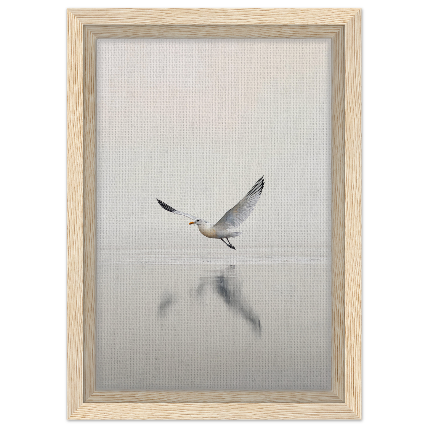 Seagull in flight reflected on water for Seagull Mist Serenade room decor