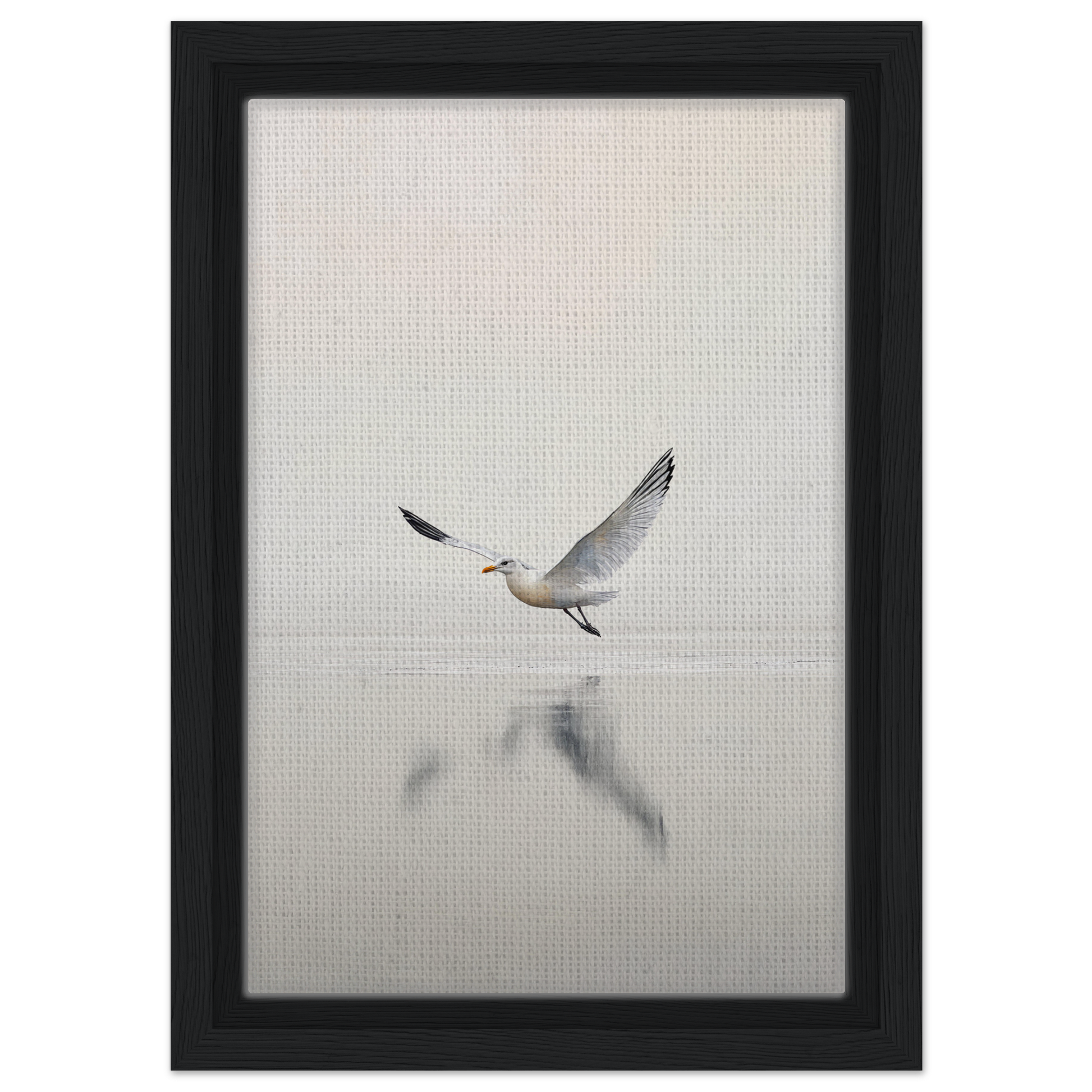 Seagull with outstretched wings above water in Seagull Mist Serenade framed canvas print