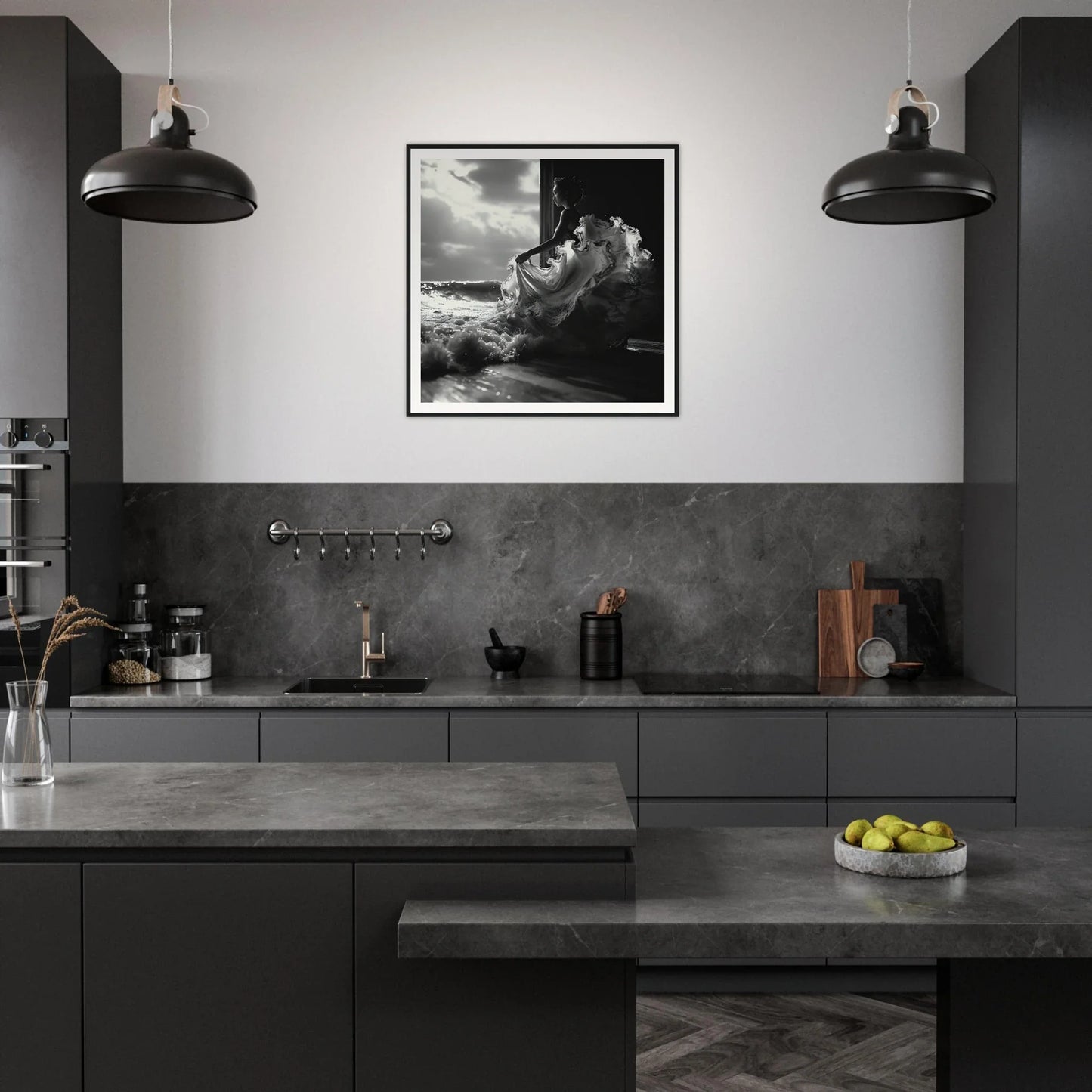 Modern dark gray kitchen showcasing Seas Dream Salutations and industrial pendant lights