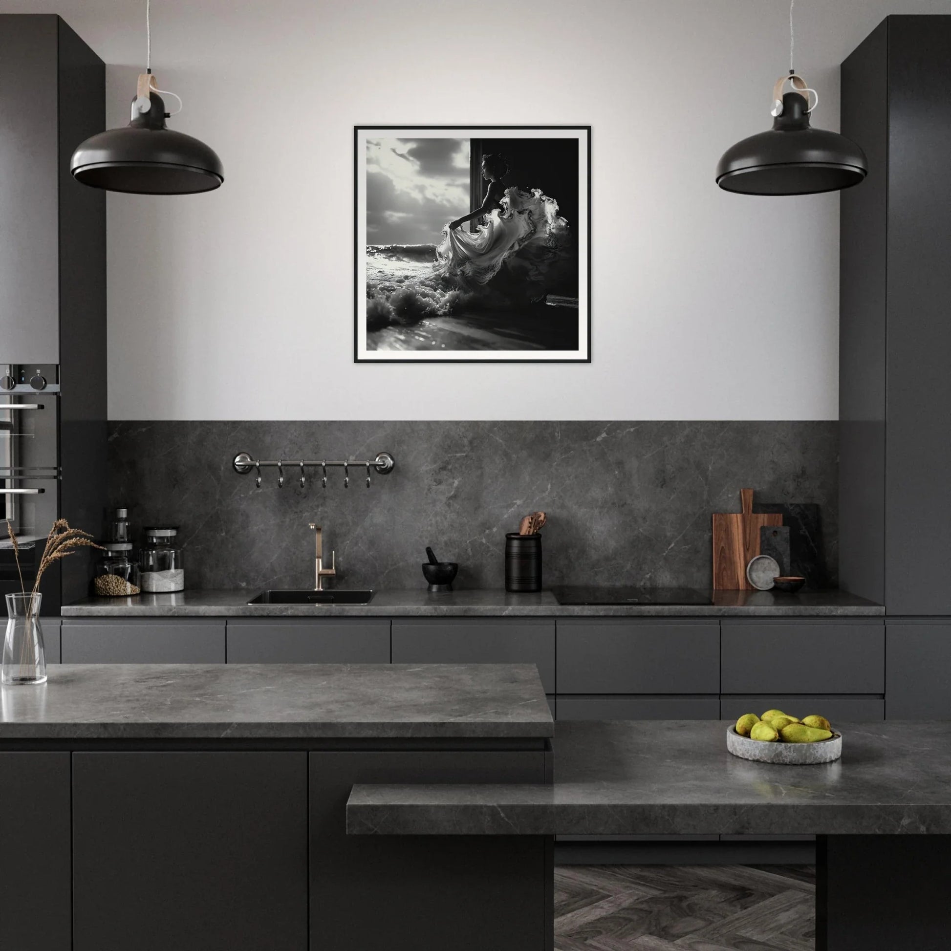 Modern dark gray kitchen showcasing Seas Dream Salutations and industrial pendant lights