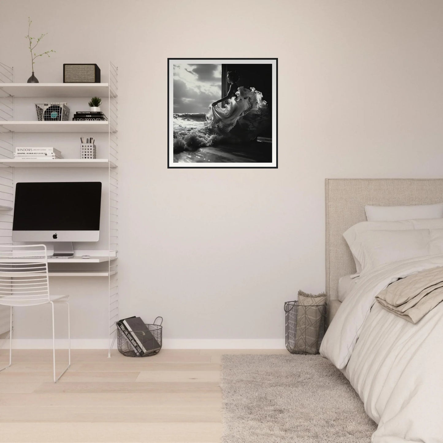 Minimalist bedroom with floating shelves and an iMac, featuring Seas Dream Salutations decor