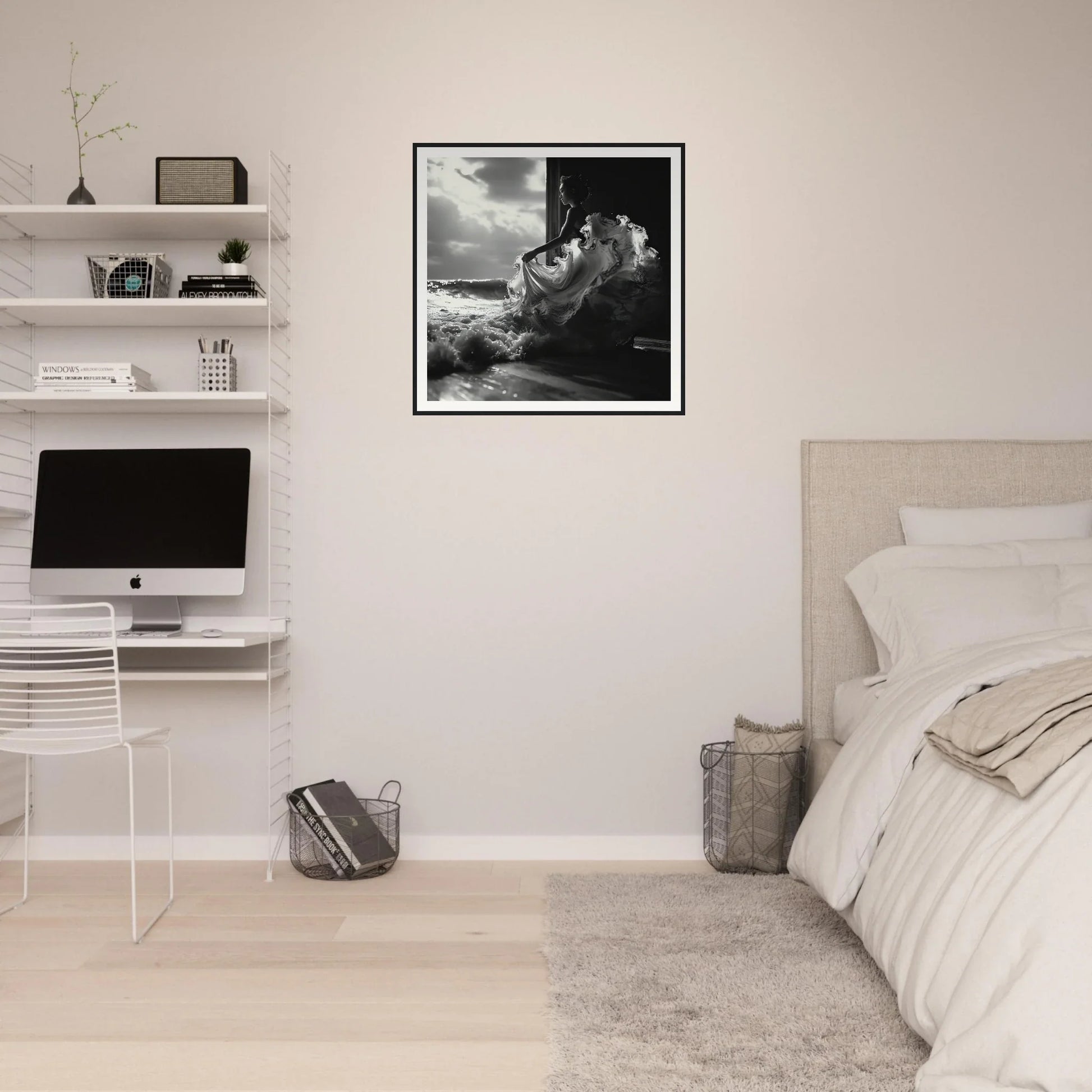 Minimalist bedroom with floating shelves and an iMac, featuring Seas Dream Salutations decor