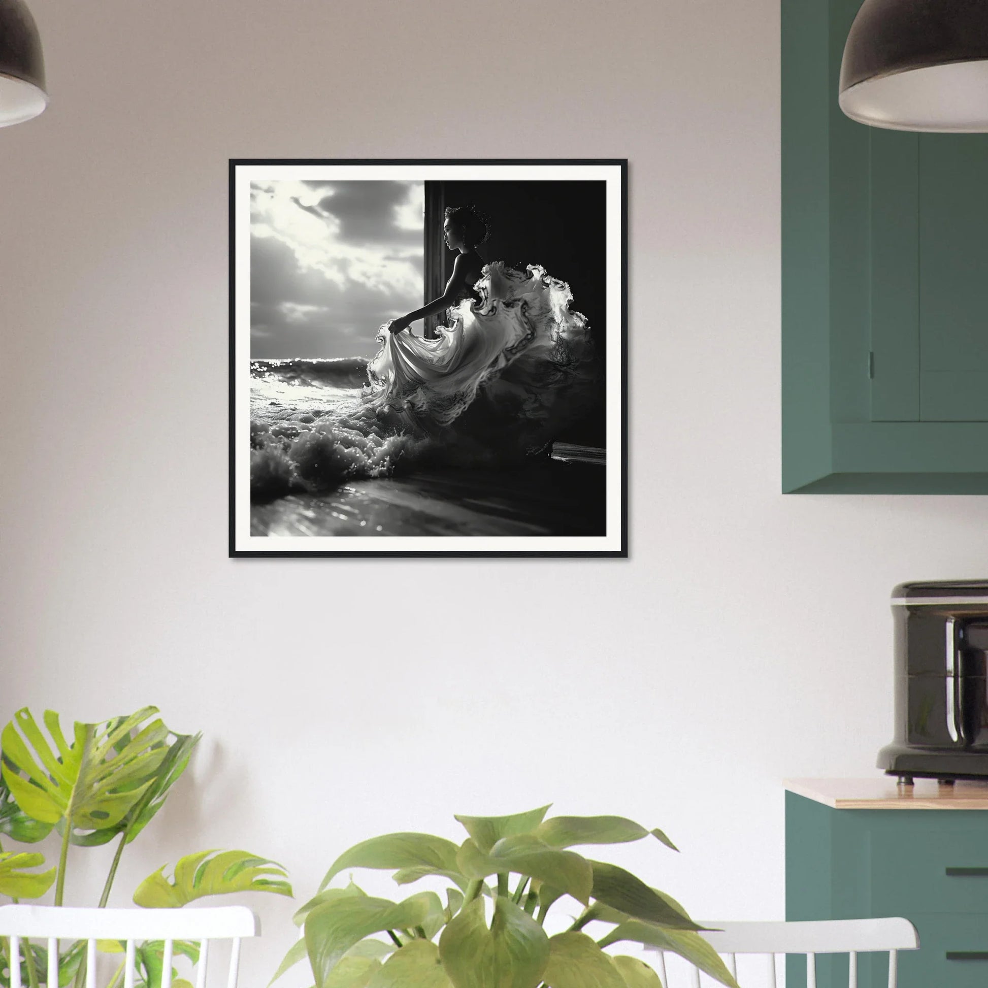 Framed black and white photograph of a figure with clouds in Seas Dream Salutations special edition art™