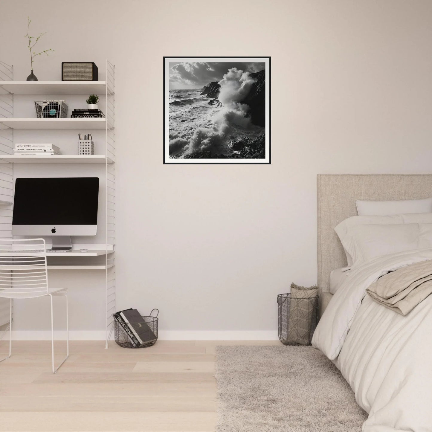 Minimalist bedroom with Sea’s Relentless Requiem art and a sleek iMac workstation