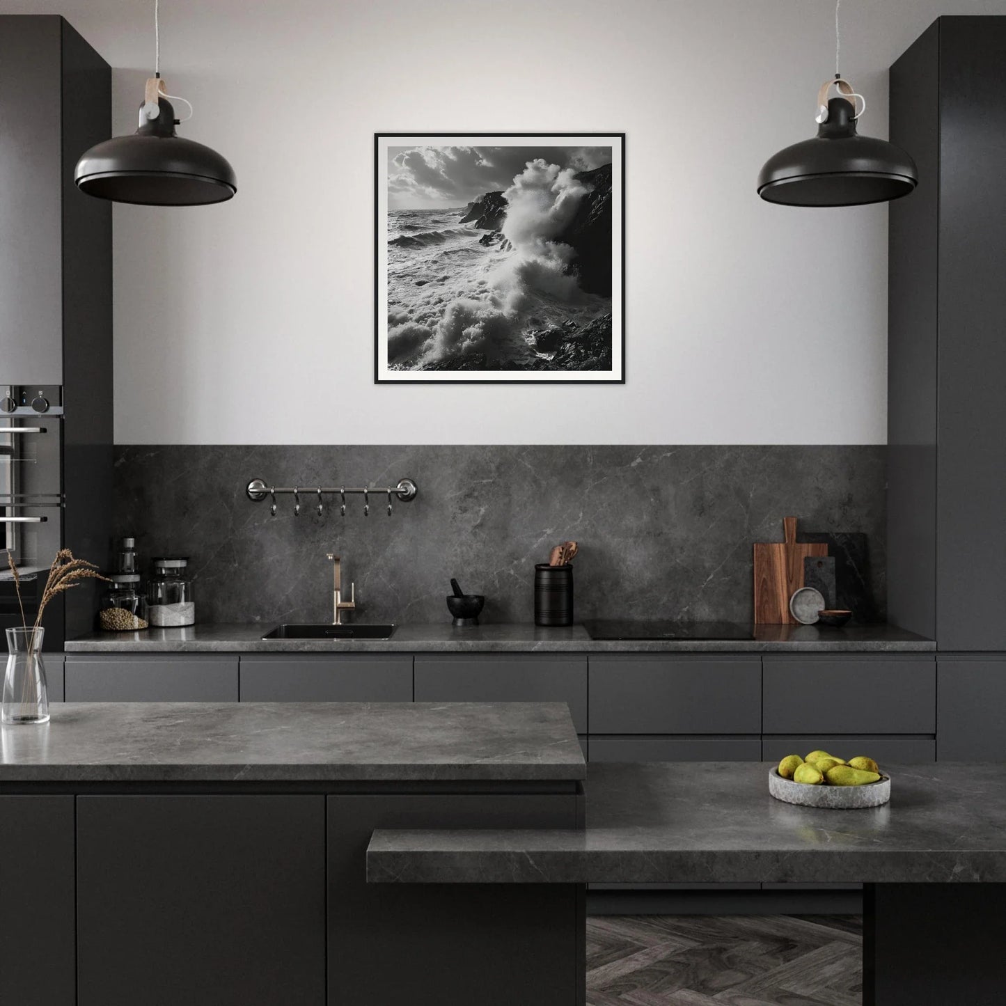 Modern dark gray kitchen featuring Sea’s Relentless Requiem artwork and industrial lights