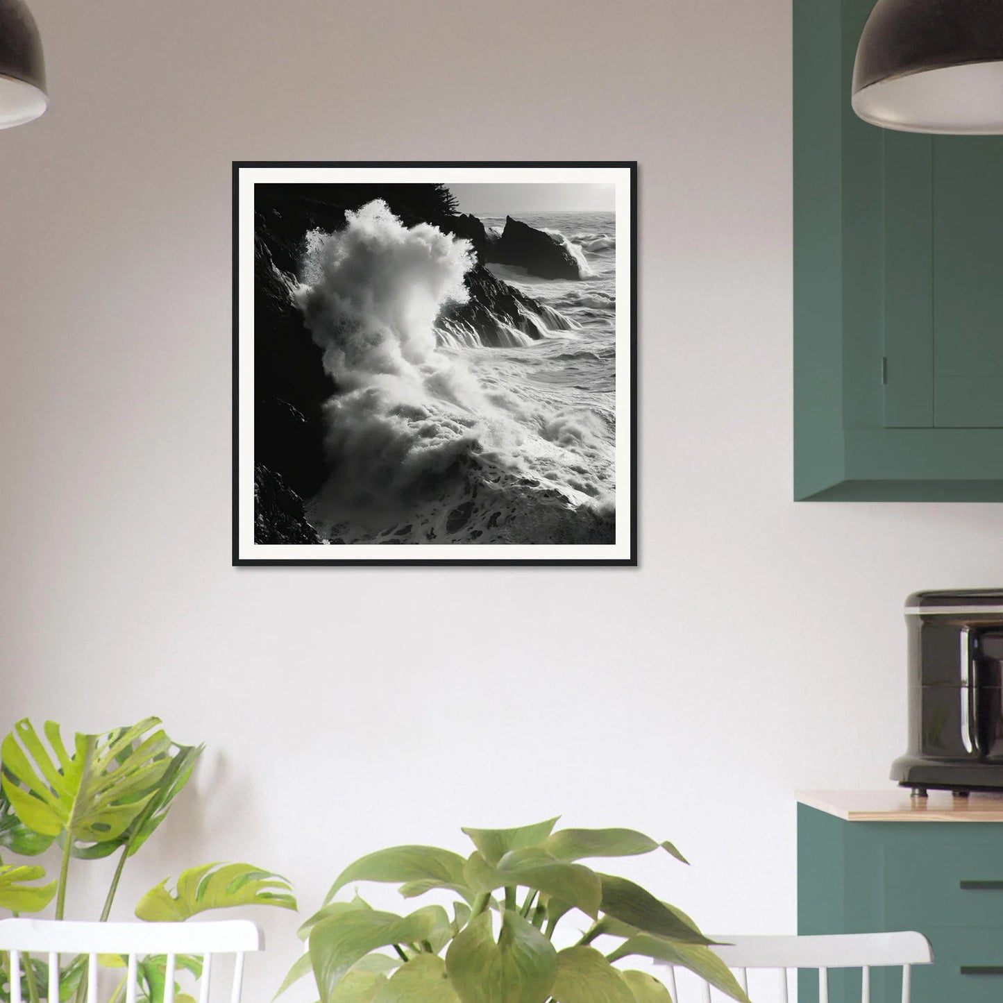 Black and white photo of a wave crashing on rocks for Seas Slaps Struzgwžues art