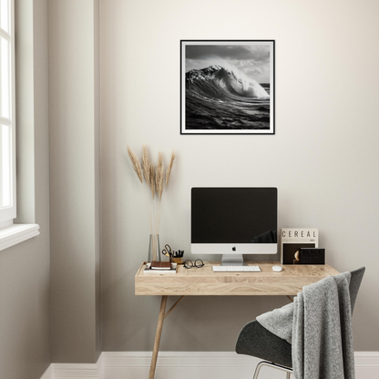 Stylish minimalist desk with iMac and Sea’s Thunderous Elegy framed poster above