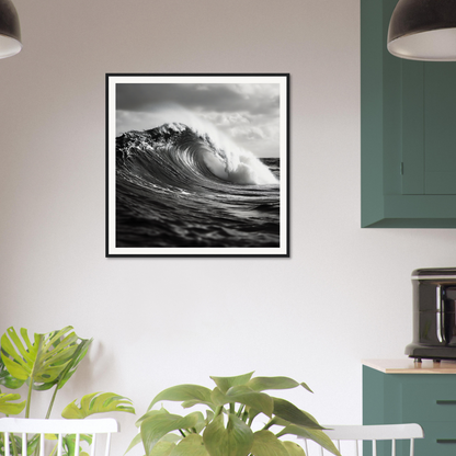 Black and white photo of a dramatic wave from Sea’s Thunderous Elegy framed poster