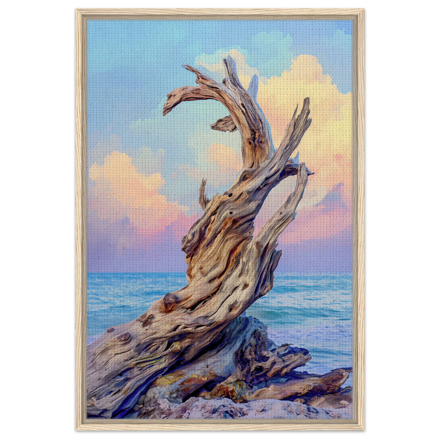 Twisted driftwood on rocky shore in Seaweed Silence Ode framed canvas art for room decor