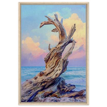 Twisted driftwood on rocky shore in Seaweed Silence Ode framed canvas art for room decor