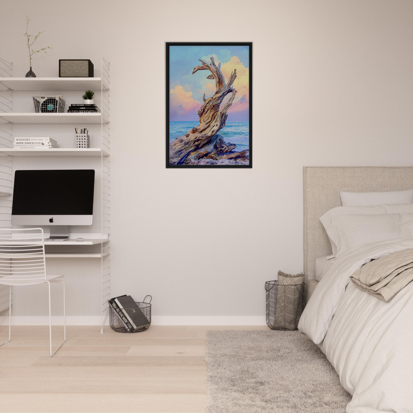 Framed canvas art featuring a twisted tree against a colorful sky in Seaweed Silence Ode