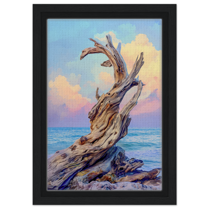 Twisted driftwood on rocky shore, perfect for Seaweed Silence Ode framed canvas art