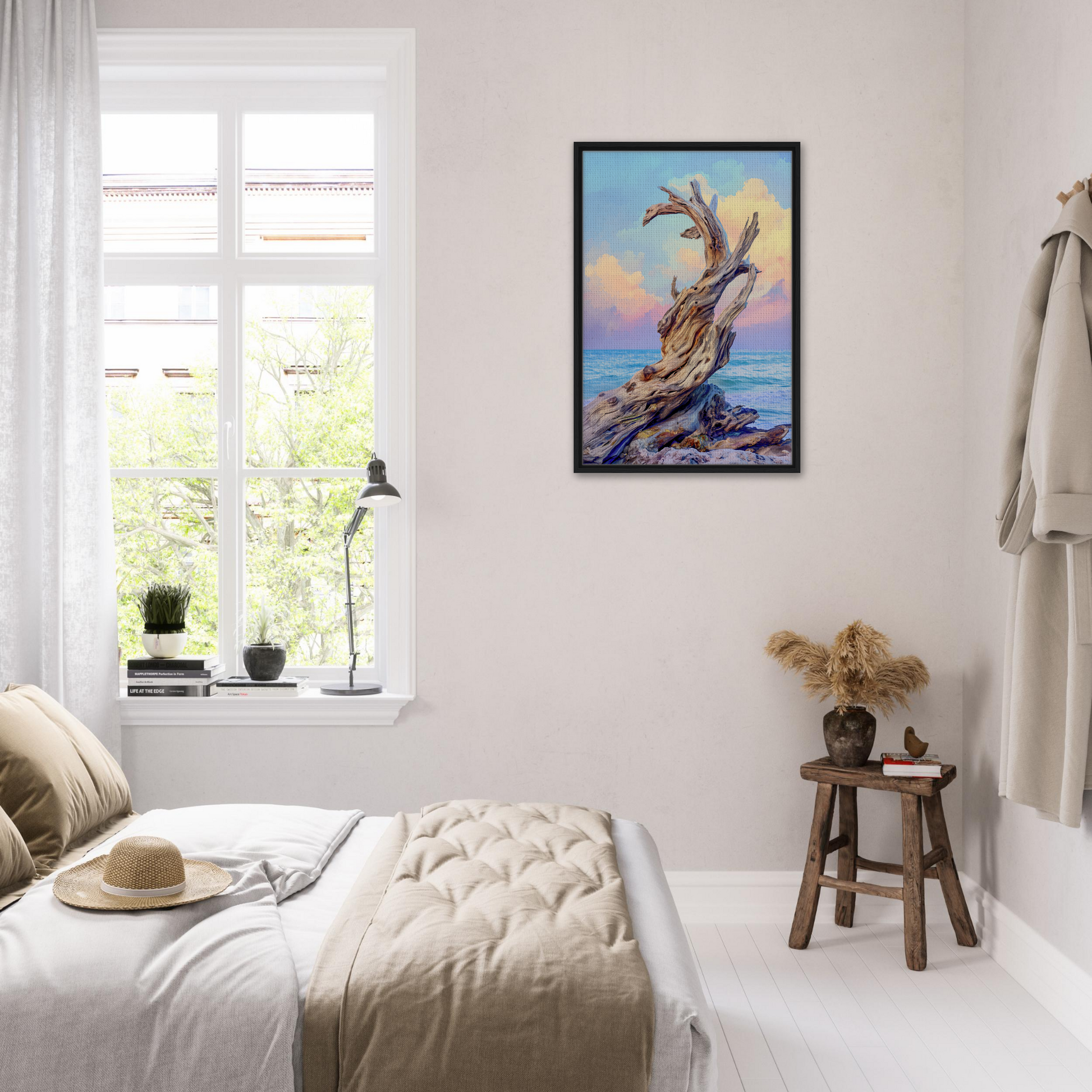 Bedroom featuring Framed Canvas Art of a twisted tree in Seaweed Silence Ode