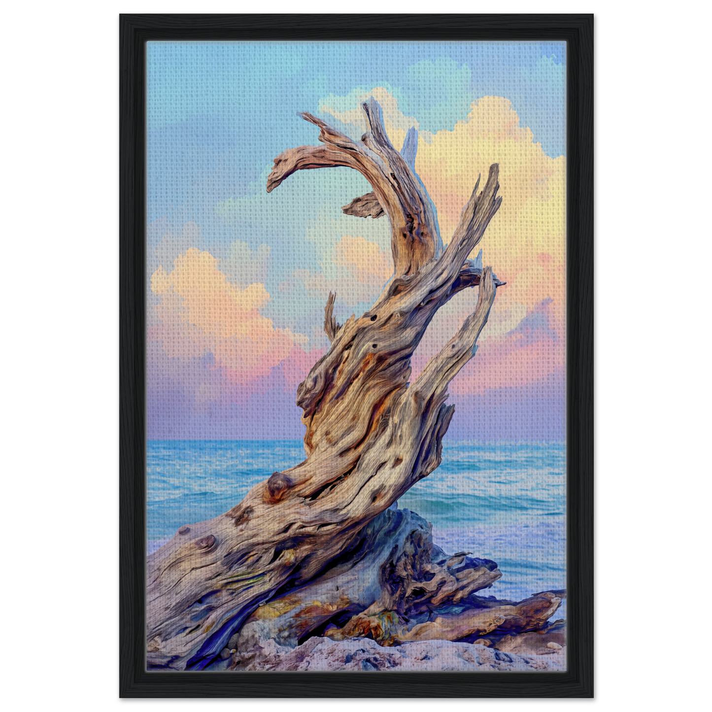 Twisted driftwood on the shoreline, featured in Seaweed Silence Ode framed canvas art