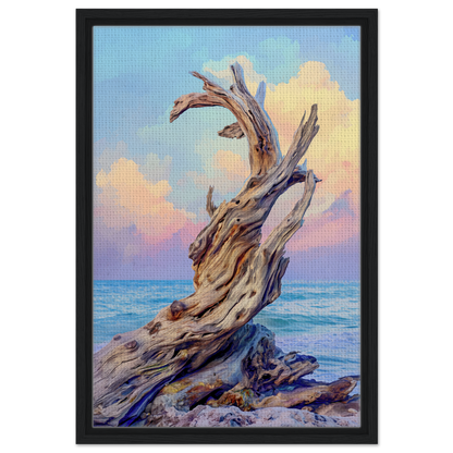 Twisted driftwood on the shoreline, featured in Seaweed Silence Ode framed canvas art