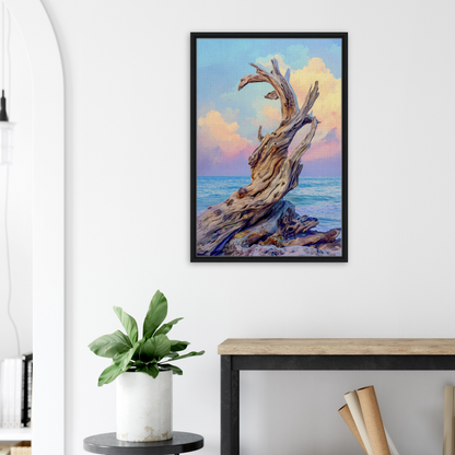 Framed canvas art of gnarled driftwood tree in Seaweed Silence Ode for elegant room decor