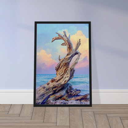 Twisted driftwood on a beach featured in Seaweed Silence Ode framed canvas art