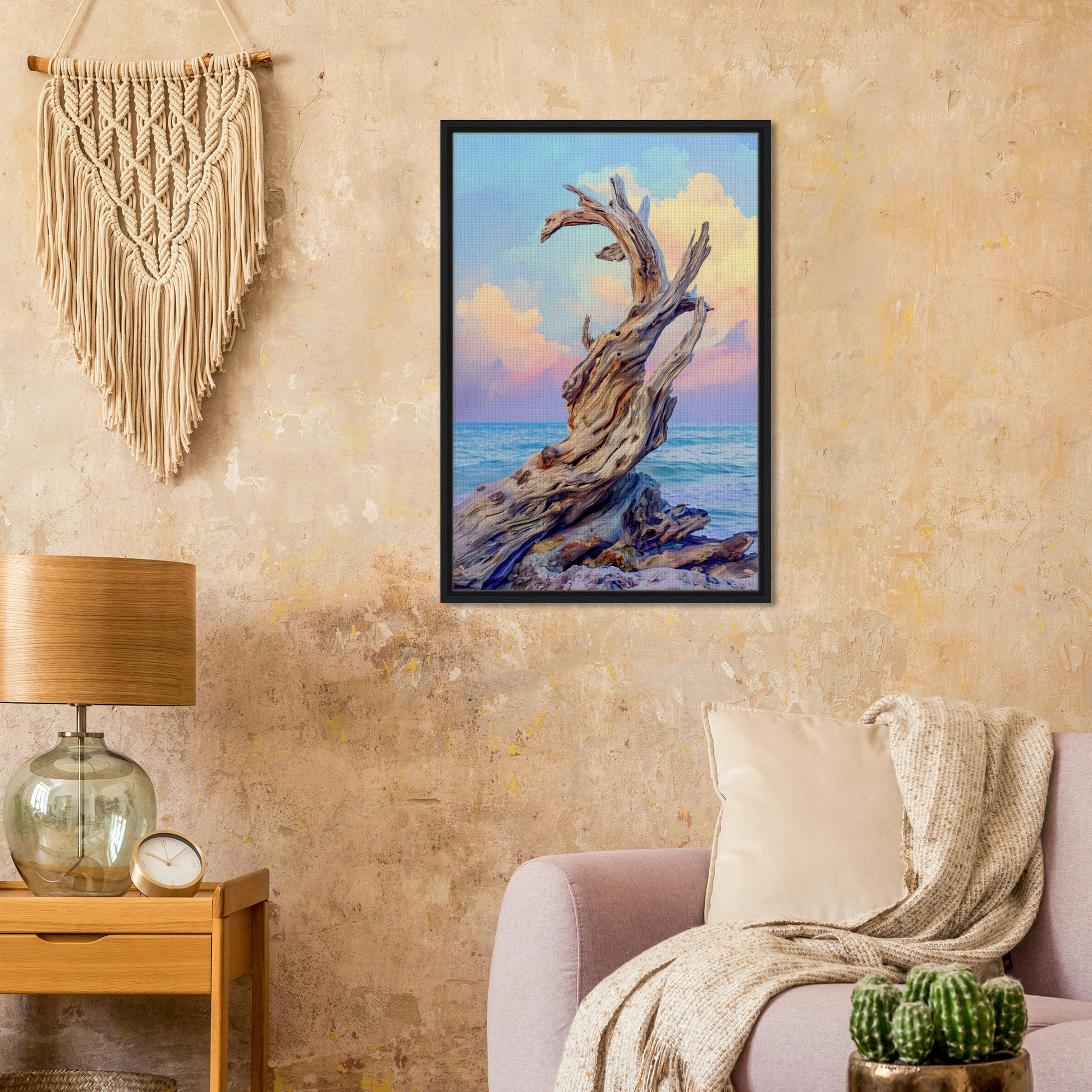 Framed canvas art of a gnarled tree with ocean and sky in Seaweed Silence Ode