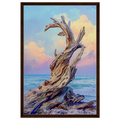 Twisted driftwood on rocky shore, featured in Seaweed Silence Ode framed canvas art