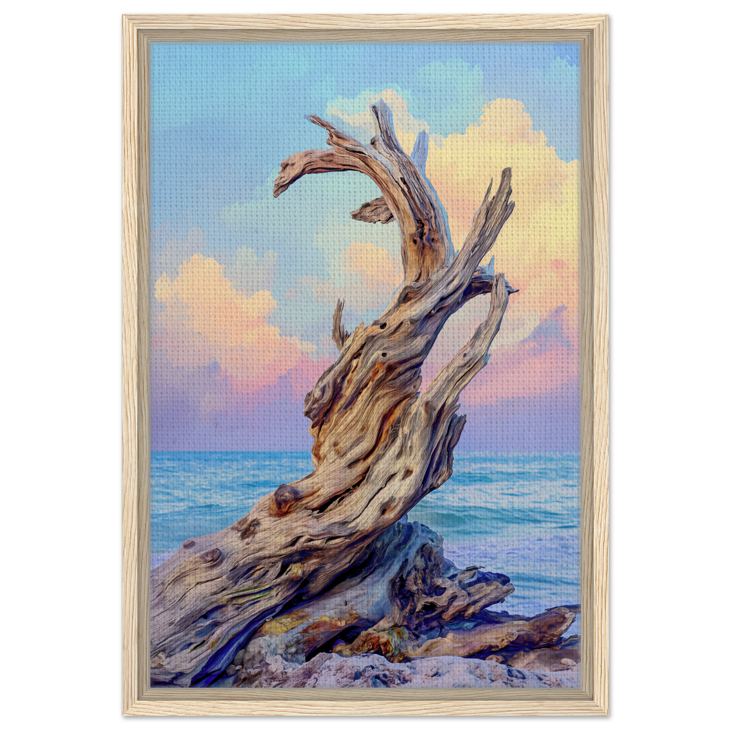 Twisted driftwood on a rocky shore featured in Seaweed Silence Ode framed canvas art