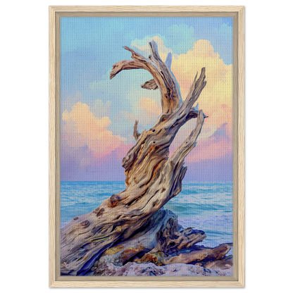 Twisted driftwood on a rocky shore featured in Seaweed Silence Ode framed canvas art