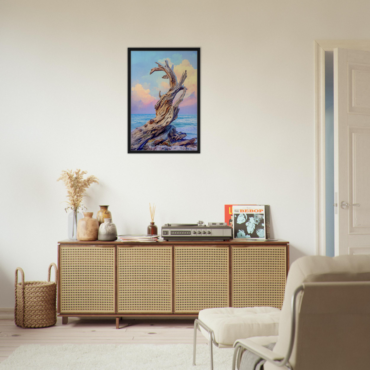 Wooden sideboard with cane-webbed doors showcasing Seaweed Silence Ode room decor