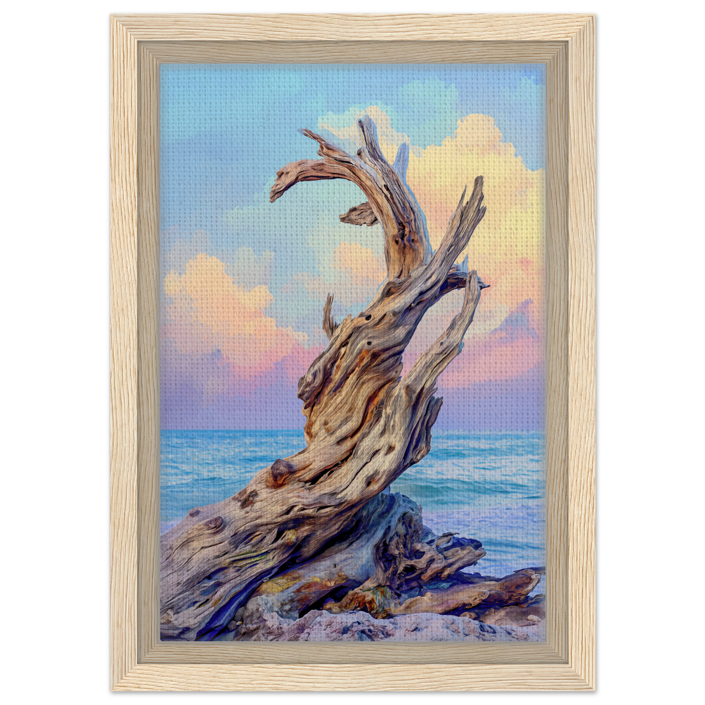 Twisted driftwood sculpture on a rocky shore in Seaweed Silence Ode framed canvas art