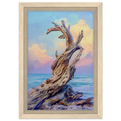 Twisted driftwood sculpture on a rocky shore in Seaweed Silence Ode framed canvas art