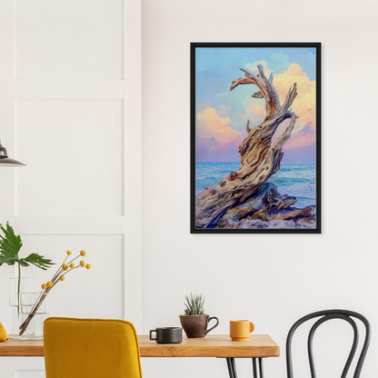 Framed canvas art of gnarled driftwood tree at sunset for Seaweed Silence Ode room decor