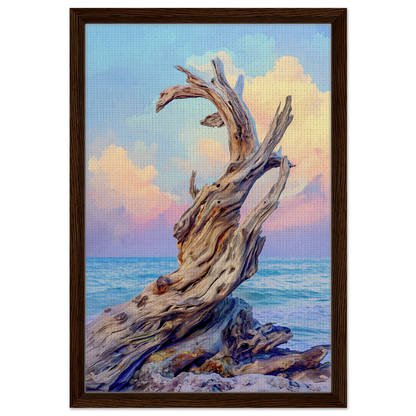 Twisted driftwood on a rocky shore for Seaweed Silence Ode framed canvas art