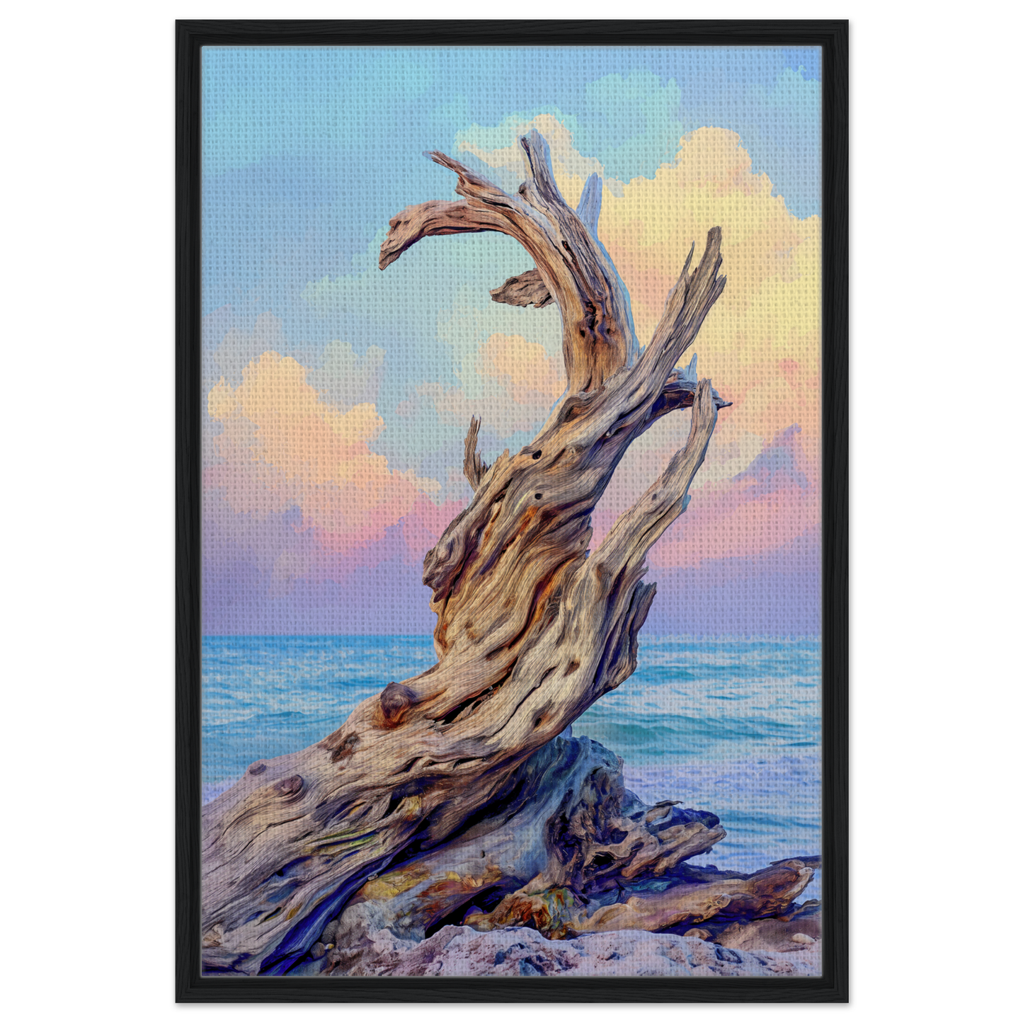 Twisted driftwood on rocky shore featured in Seaweed Silence Ode framed canvas art