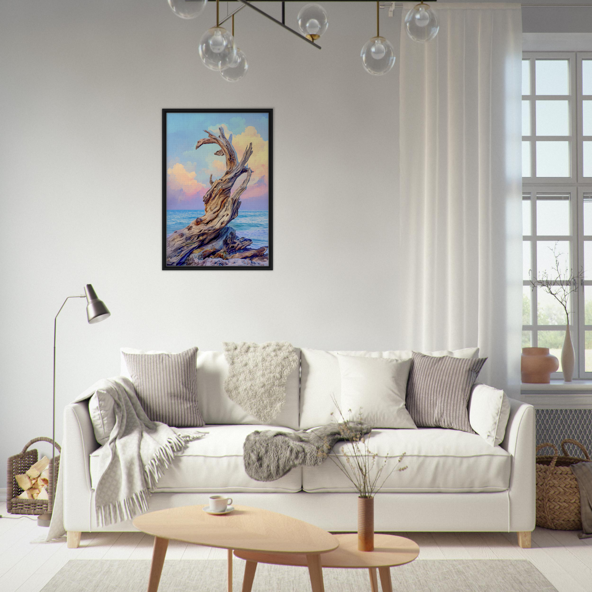 White sofa adorned with throw pillows, complemented by Seaweed Silence Ode framed canvas art