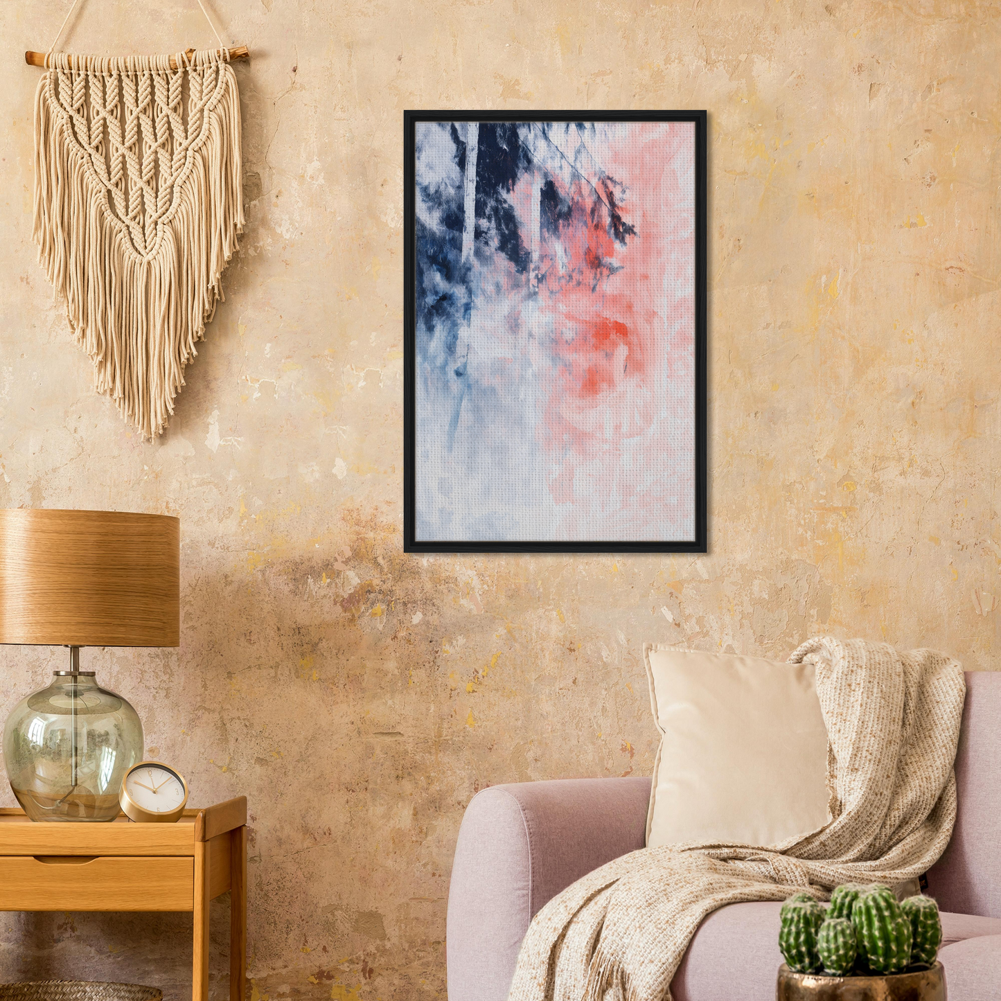 Exclusive framed canvas titled Serenade in Chaos featuring swirls of blue and pink