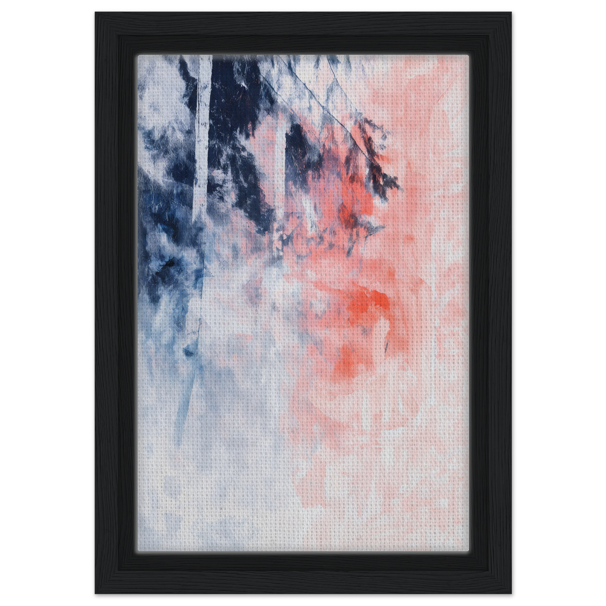 Abstract painting Serenade in Chaos with navy blue and coral pink for exclusive framed canvas