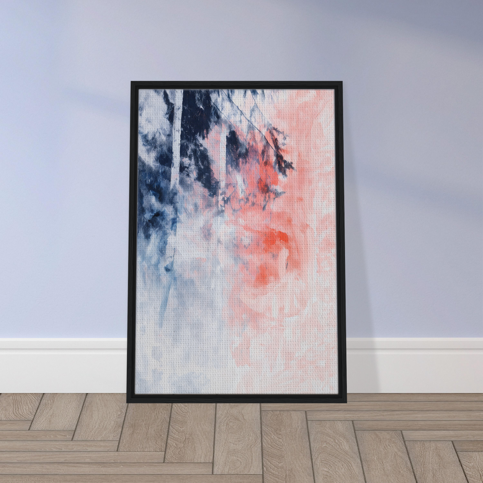 Exclusive framed canvas featuring soft blue and pink watercolor effects in Serenade in Chaos